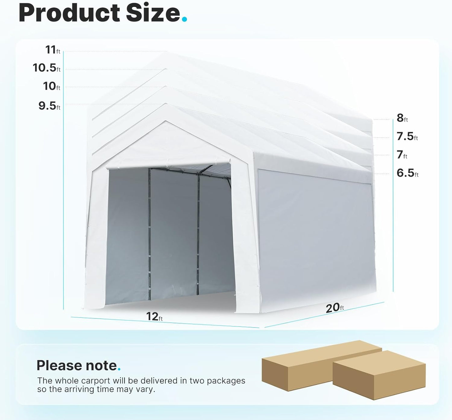 12X20 Ft Extra Large Heavy Duty Carport with Sidewalls and Doors, Adjustable Height from 9.5 Ft to 11 Ft, Car Canopy Garage Party Tent Boat Shelter with 8 Reinforced Poles and 4 Sandbags, White