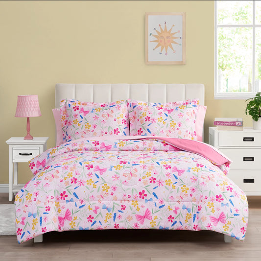 7 Piece Pink Wildflower Polyester Bedding Set for Girls, Full