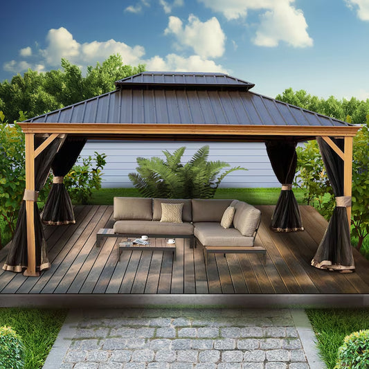 12-Ft X 16 Gazebo Square Brown Metal Steel Roof Gazebo with Screen Included