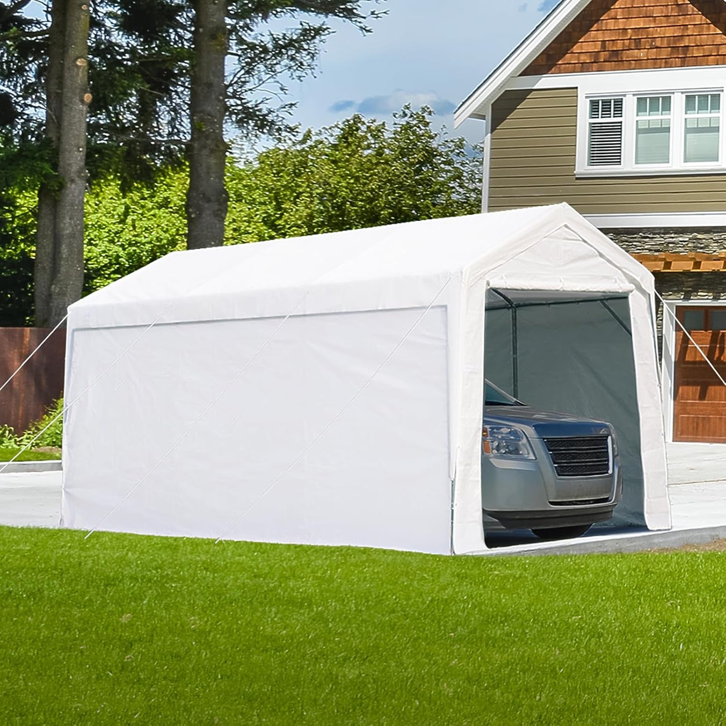 12X20 Ft Extra Large Heavy Duty Carport with Sidewalls and Doors, Adjustable Height from 9.5 Ft to 11 Ft, Car Canopy Garage Party Tent Boat Shelter with 8 Reinforced Poles and 4 Sandbags, White